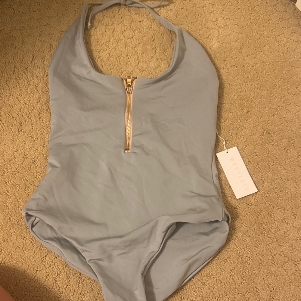 Light Blue One-Piece Swimsuit with Gold Zipper
